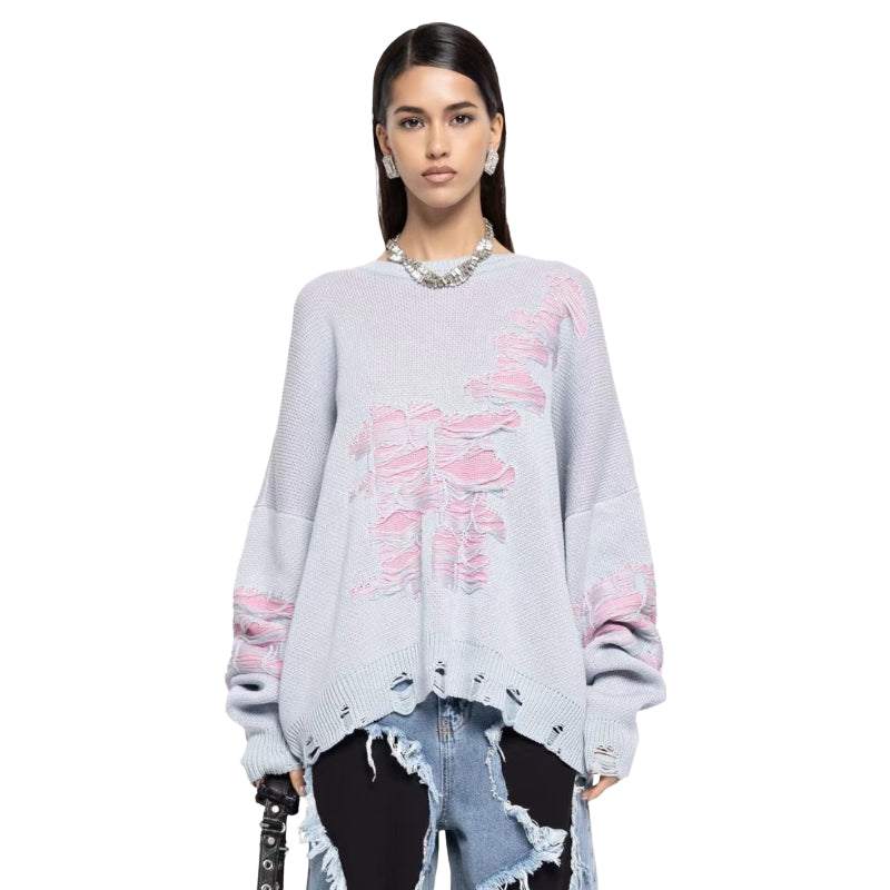 Fashionable Ripped Long Sleeve Loose Sweater-CALLISTARI