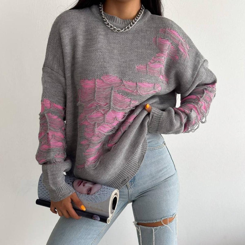 Fashionable Ripped Long Sleeve Loose Sweater-CALLISTARI