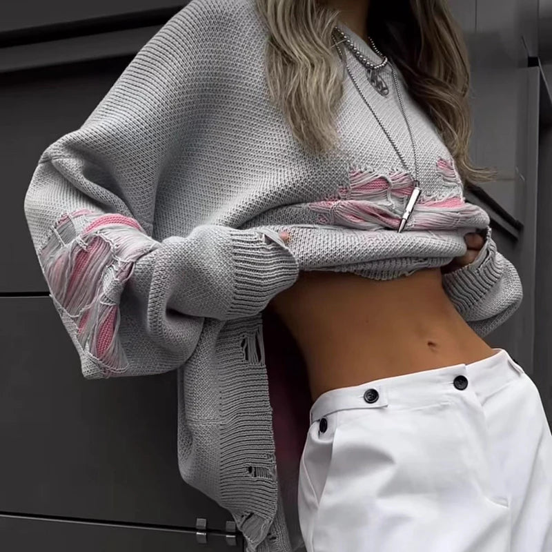 Fashionable Ripped Long Sleeve Loose Sweater-CALLISTARI