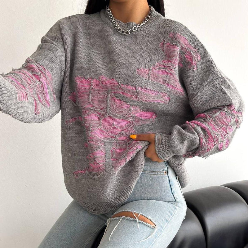 Fashionable Ripped Long Sleeve Loose Sweater-CALLISTARI