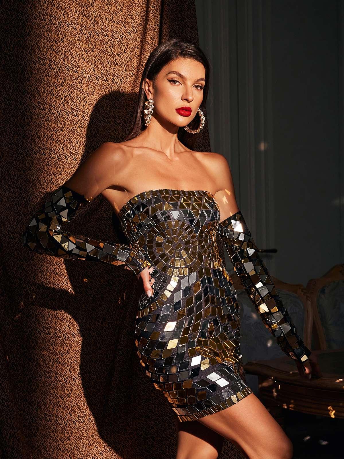 Felice Strapless Acrylic Mini Dress With Gloves - Mew Mews