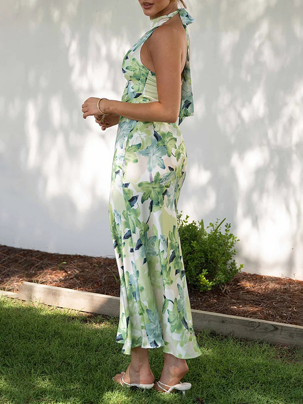 Floral Print Halter Backless Flowy Vacation Maxi Dresses-CALLISTARI