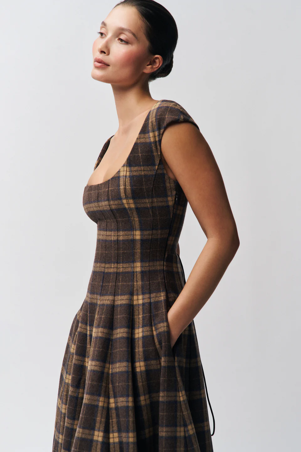 Elegant Plaid Cap - Sleeve Midi Dress