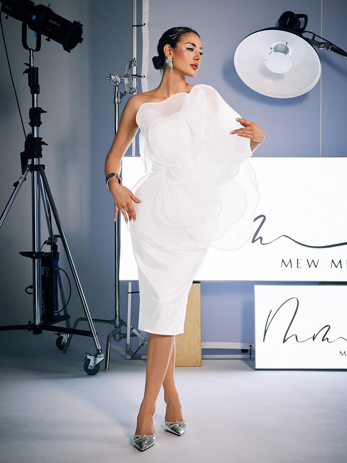 Gannon One Shoulder Flower Satin Midi Dress - Mew Mews