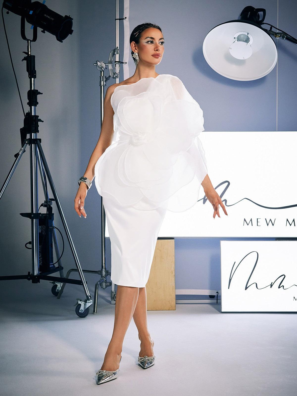 Gannon One Shoulder Flower Satin Midi Dress - Mew Mews