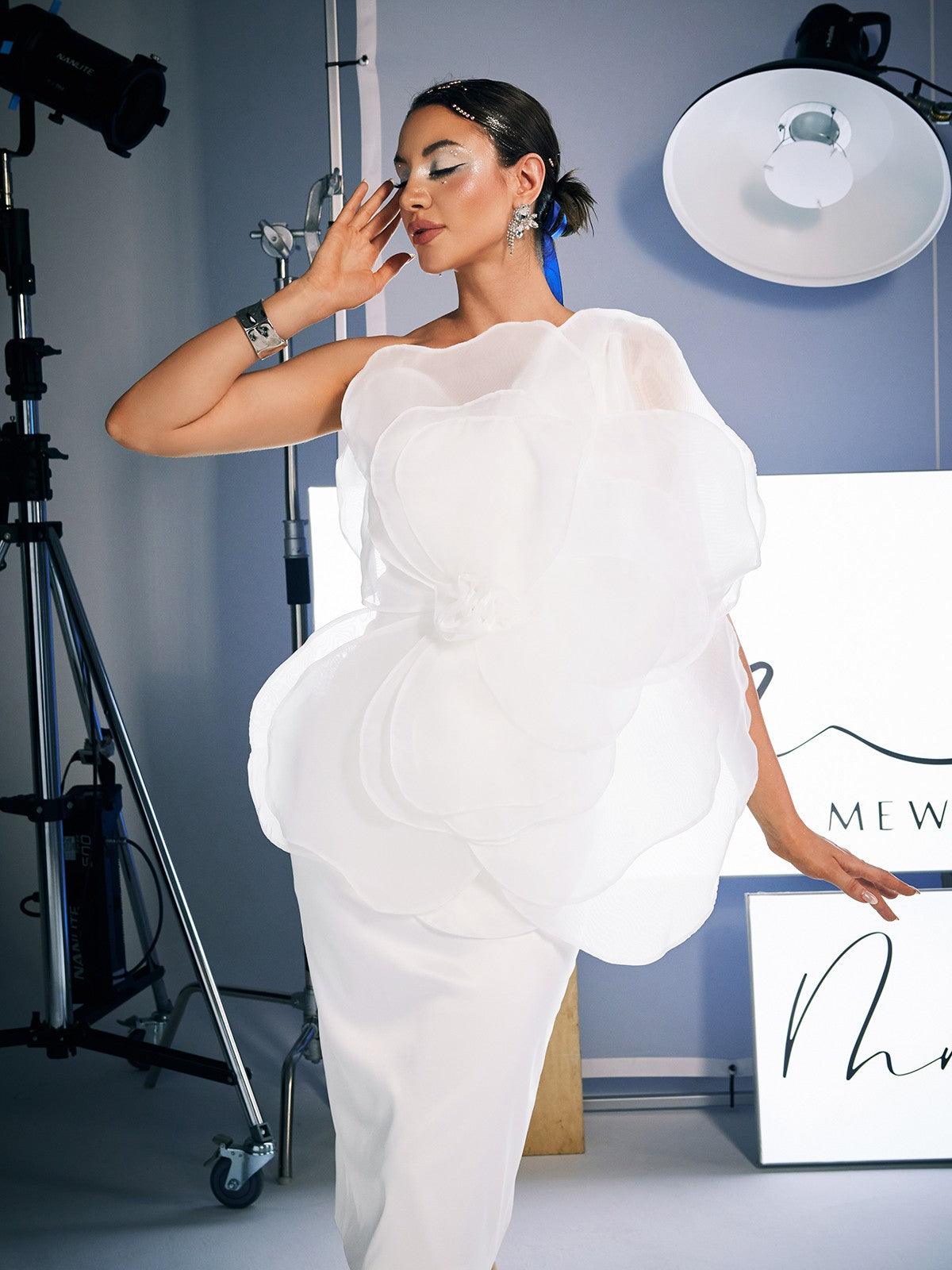 Gannon One Shoulder Flower Satin Midi Dress - Mew Mews