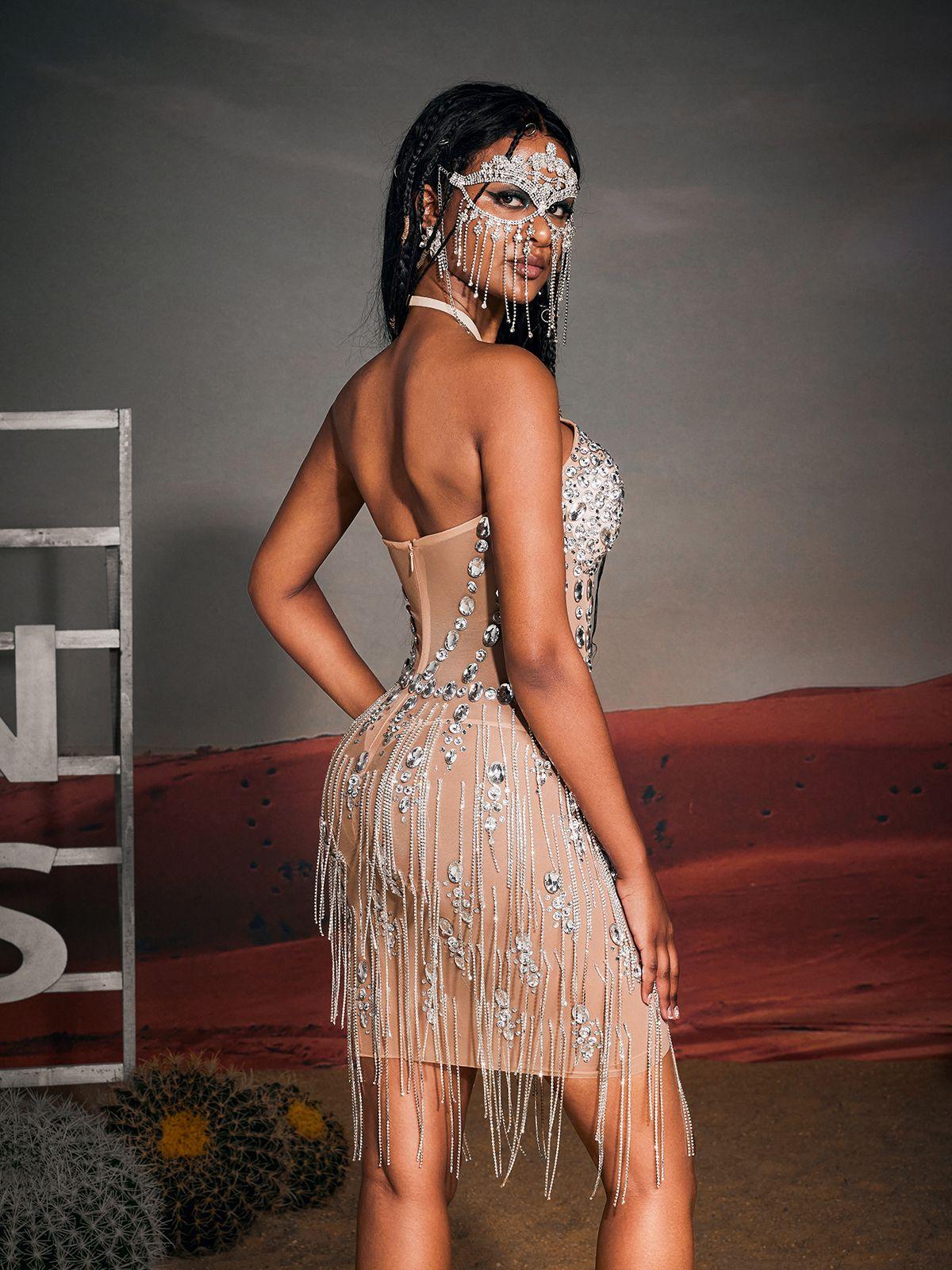 Gregory Halterneck Rhinestone Fringe Mini Dress - Mew Mews