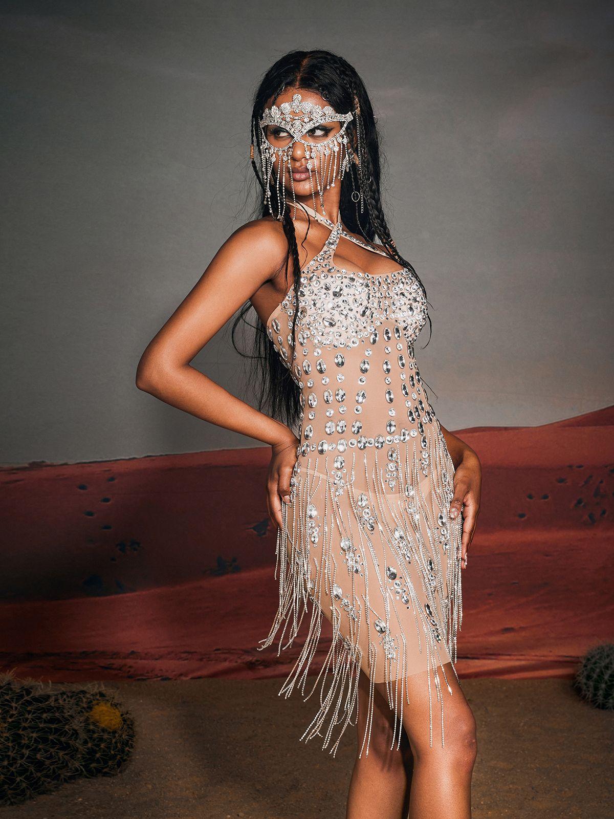 Gregory Halterneck Rhinestone Fringe Mini Dress - Mew Mews