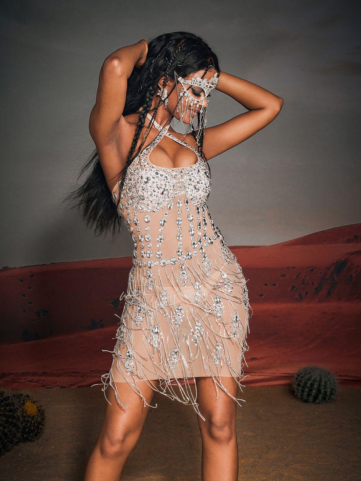 Gregory Halterneck Rhinestone Fringe Mini Dress - Mew Mews