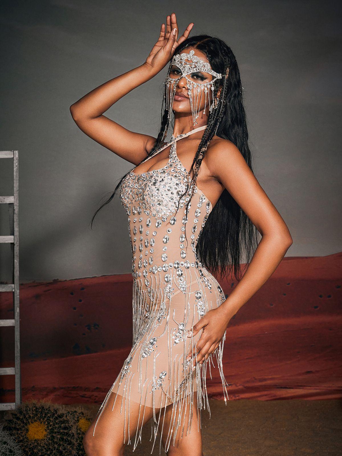 Gregory Halterneck Rhinestone Fringe Mini Dress - Mew Mews