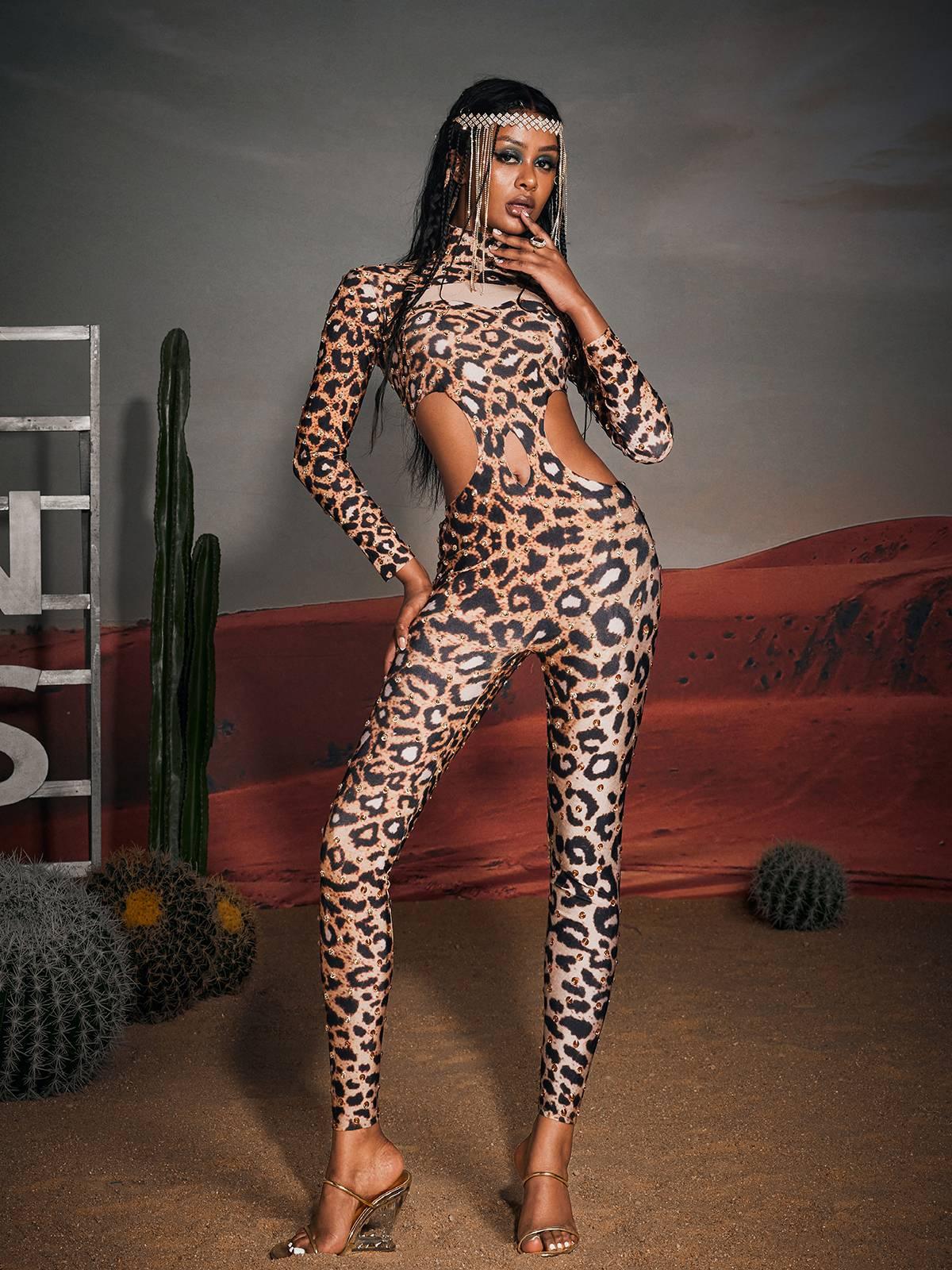 Gunner Cutout Leopard Rhinestone Jumpsuit - Mew Mews