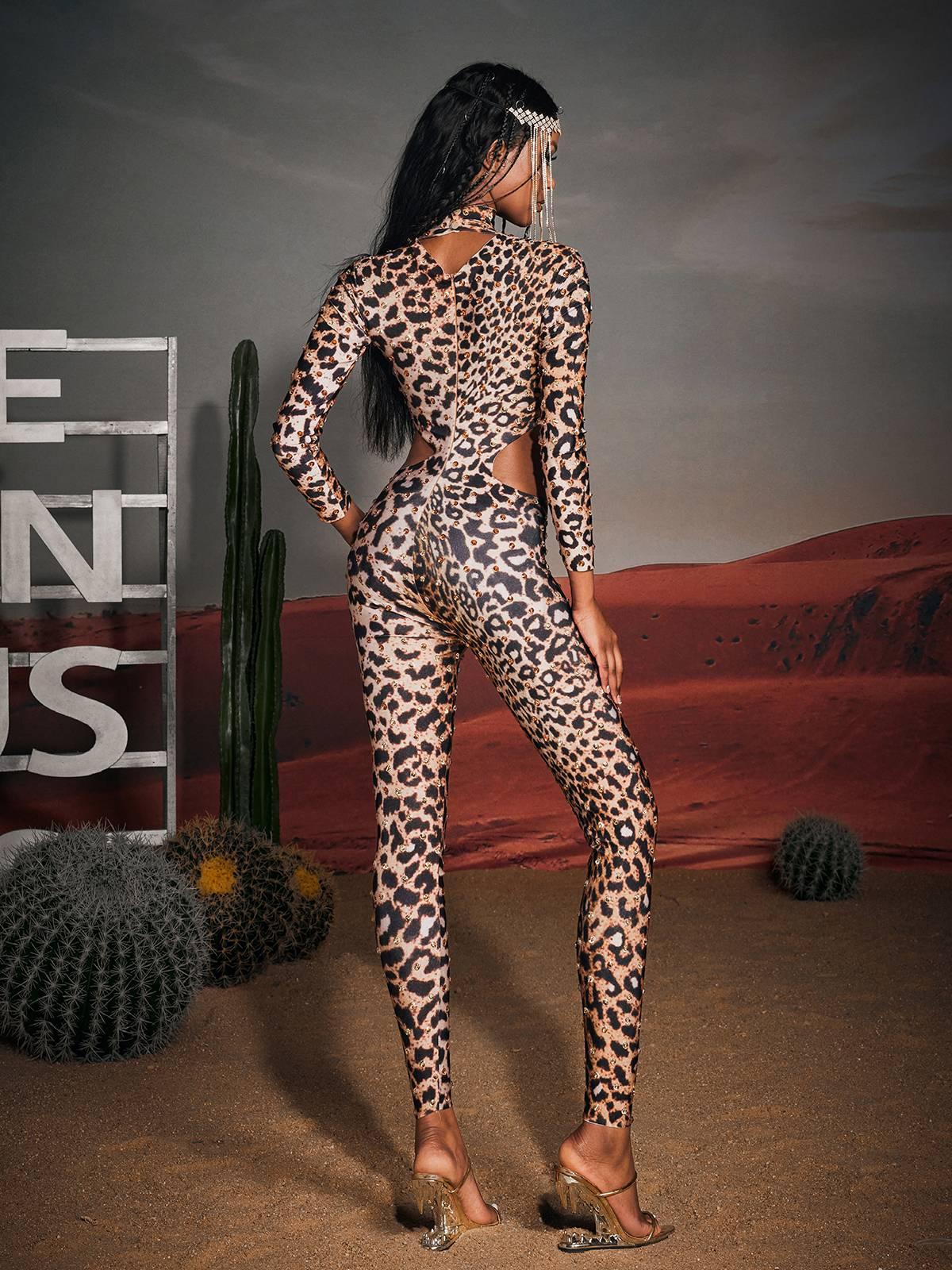 Gunner Cutout Leopard Rhinestone Jumpsuit - Mew Mews
