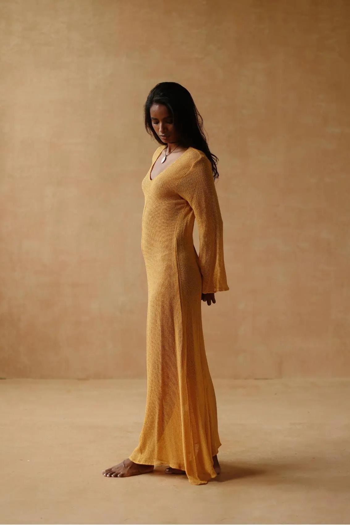 V Neck Maxi Knit Long Bell Sleeve Maxi Dress-aritzao