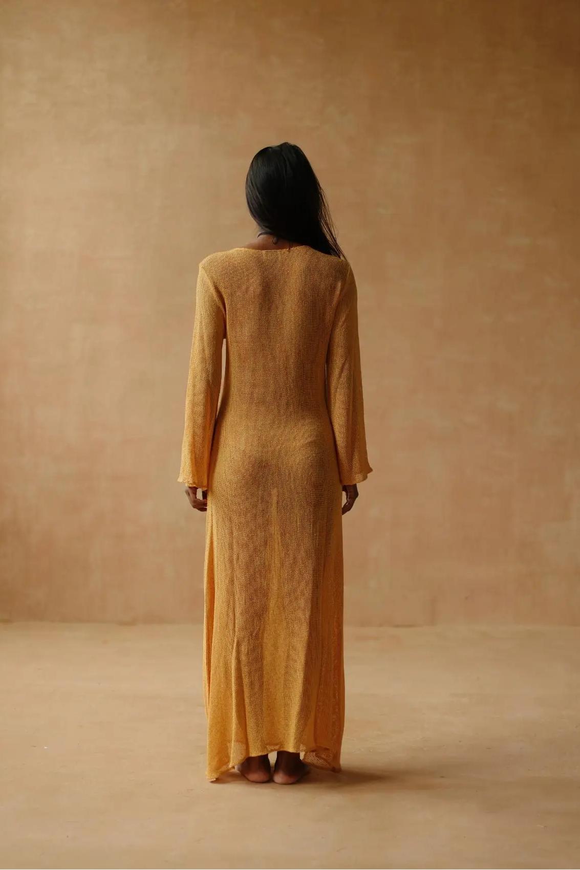 V Neck Maxi Knit Long Bell Sleeve Maxi Dress-aritzao