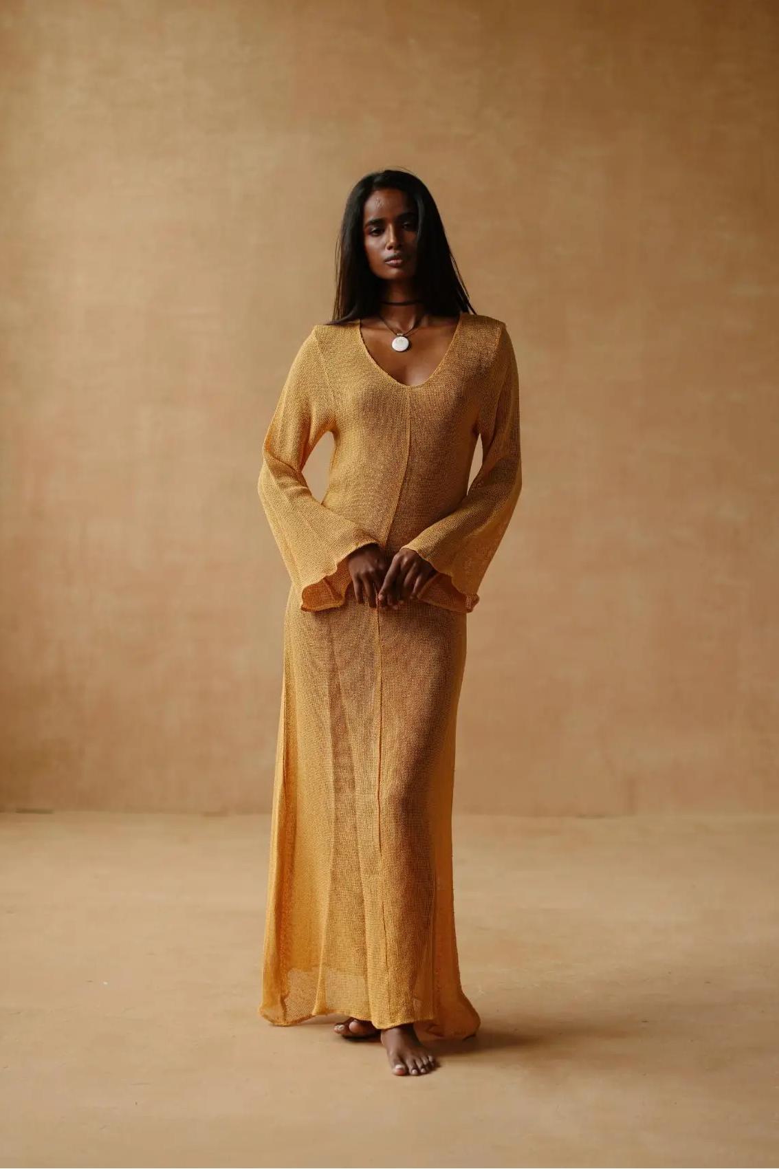 V Neck Maxi Knit Long Bell Sleeve Maxi Dress-aritzao
