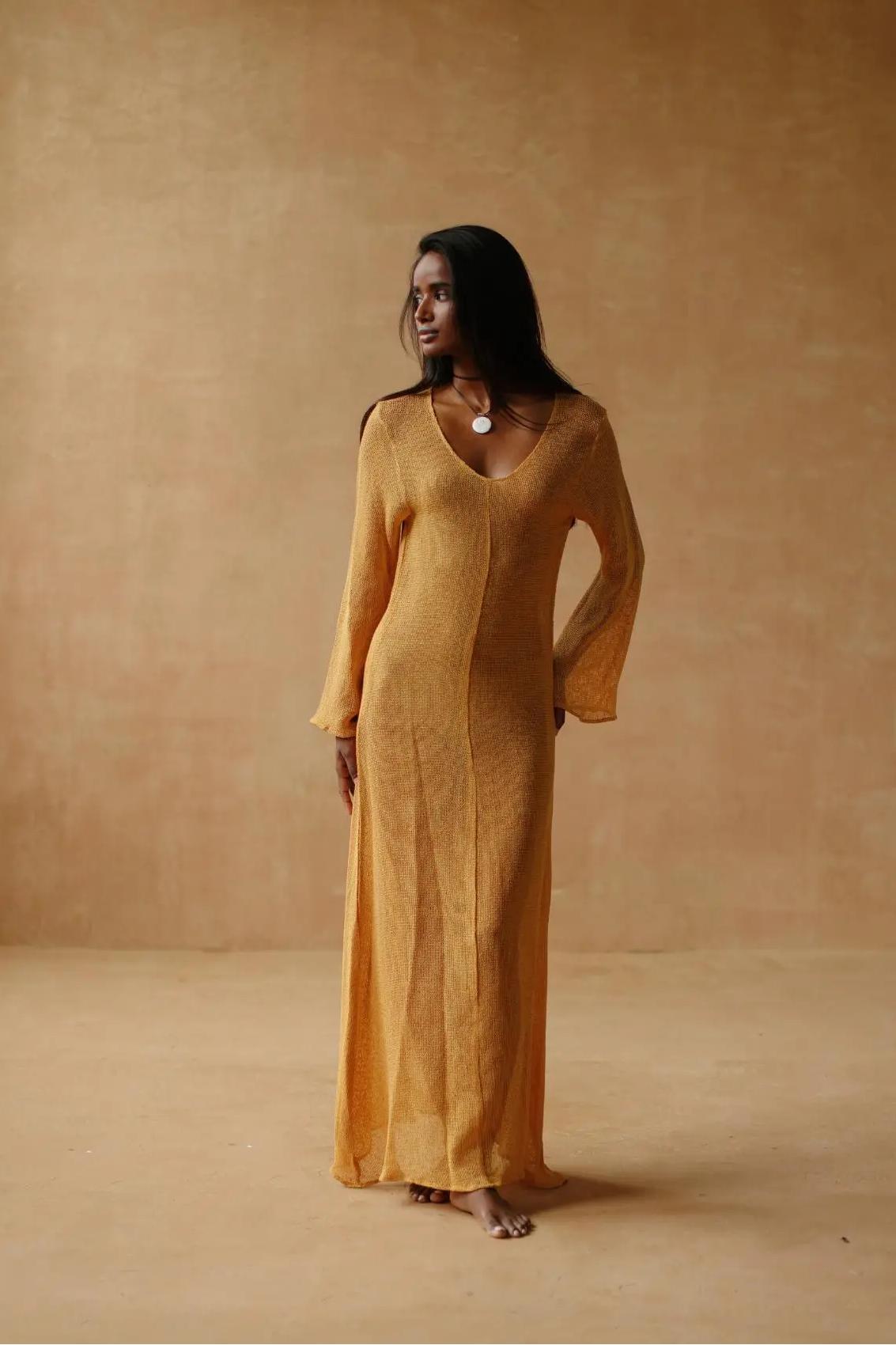 V Neck Maxi Knit Long Bell Sleeve Maxi Dress-aritzao