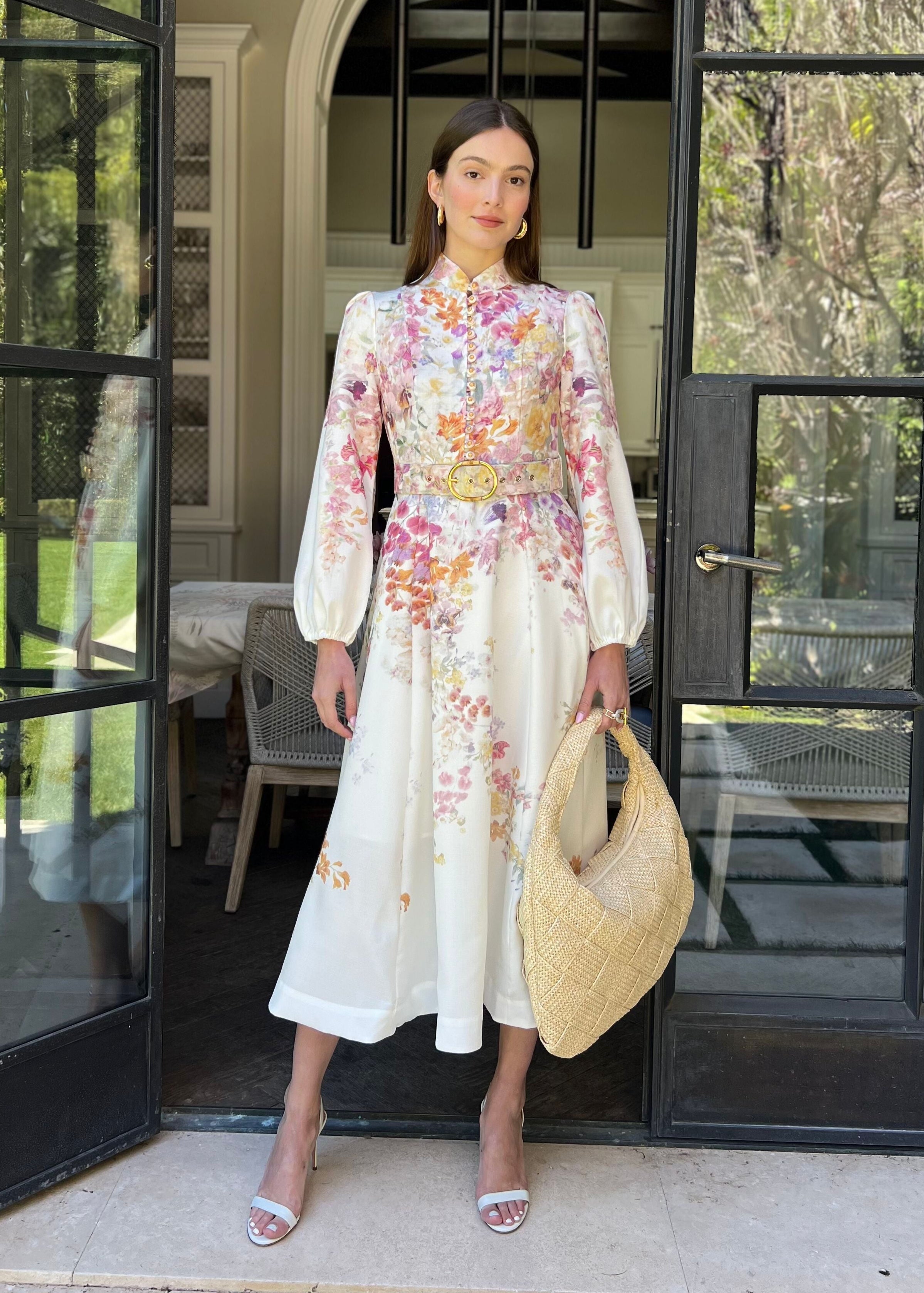 Anastasia Long Puff Sleeve Multicolor Floral Midi Dress