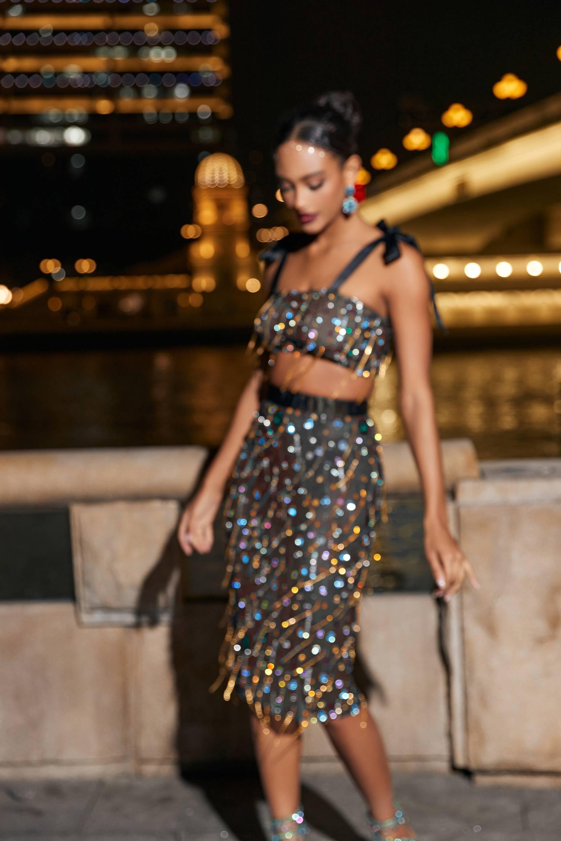 Haleli See Through Fringe Rhinestone Skirt Set - Mew Mews