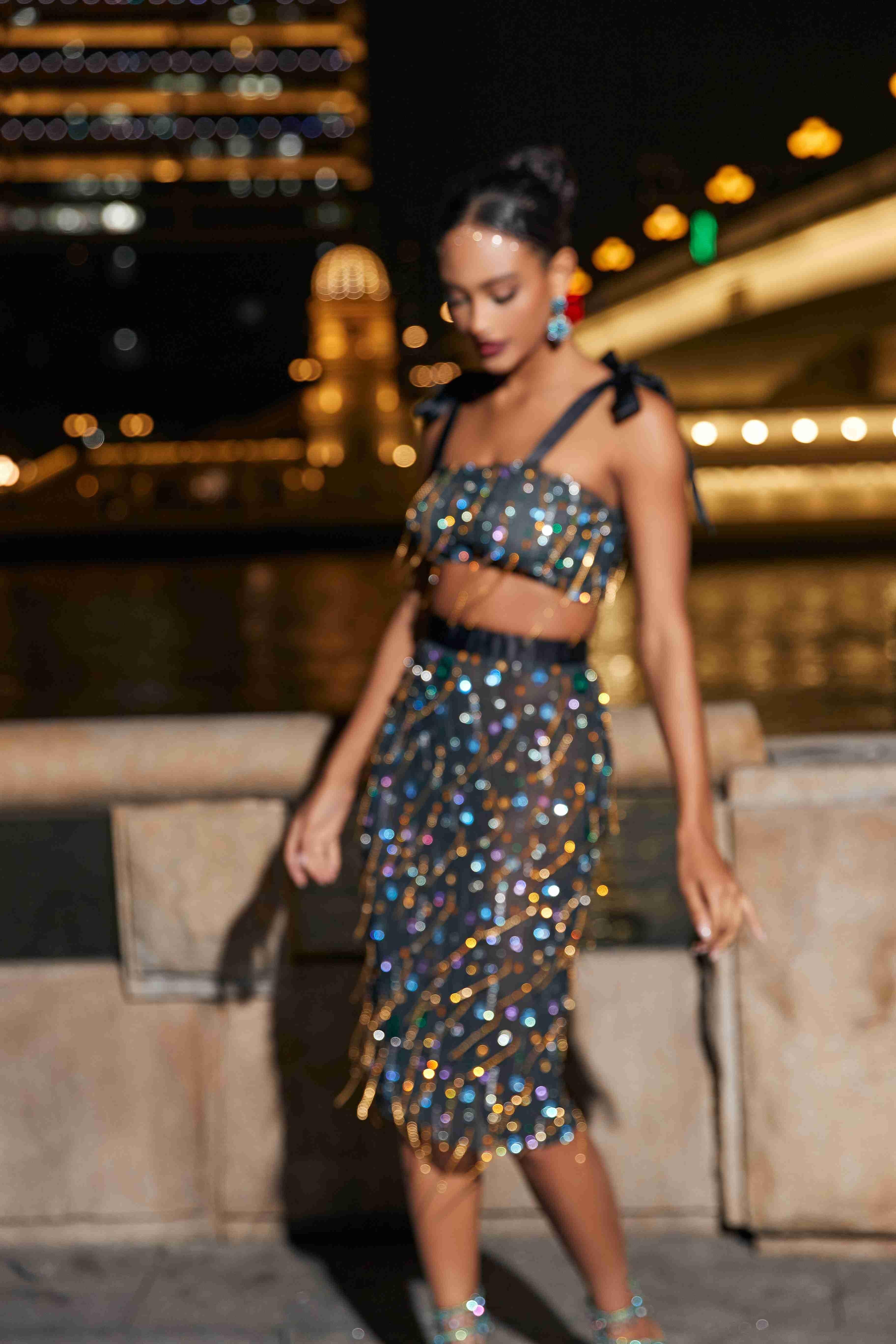 Haleli See Through Fringe Rhinestone Skirt Set - Mew Mews