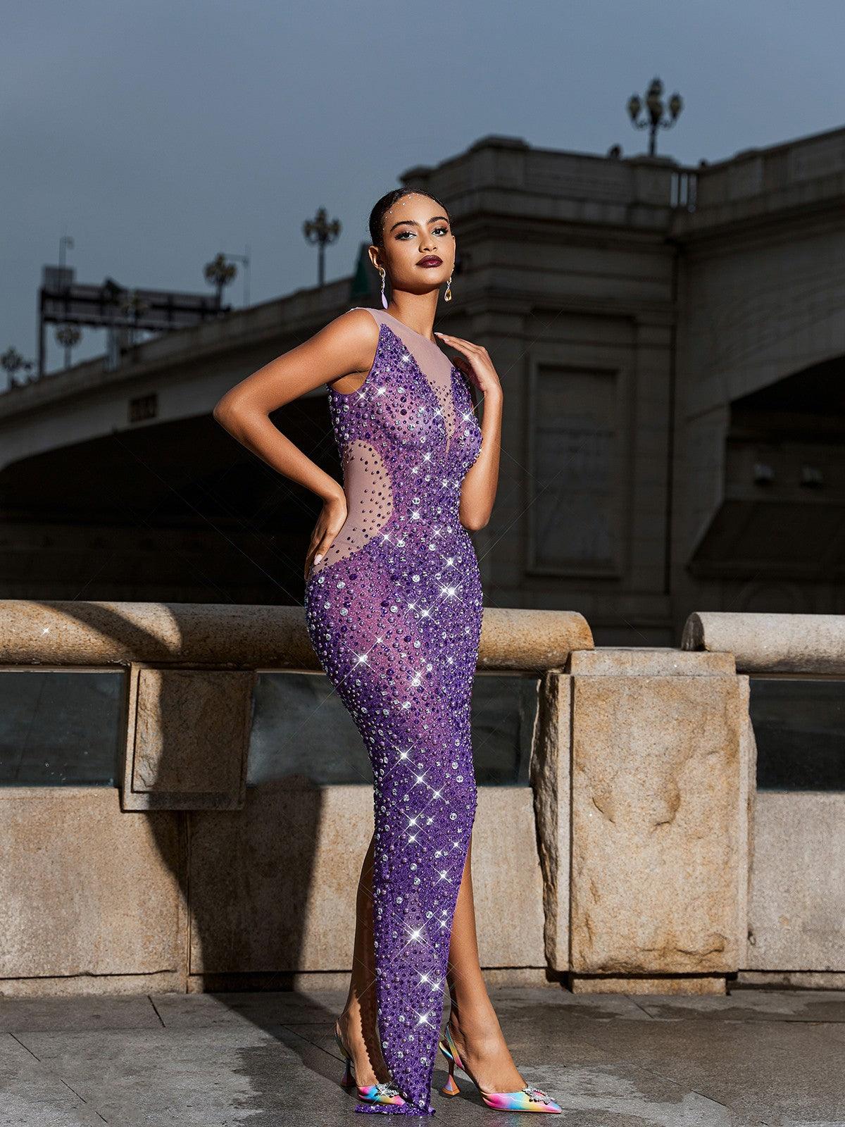 Hobart Rhinestone Asymmetric Mesh Dress - Mew Mews