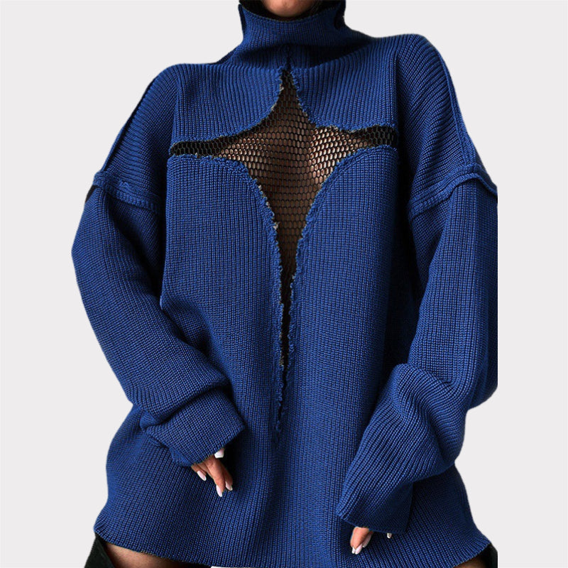 Hollow Out Mesh Knitted Loose Pullover Patchwork Sweater-CALLISTARI