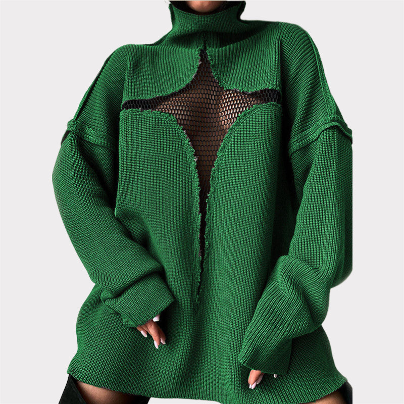 Hollow Out Mesh Knitted Loose Pullover Patchwork Sweater-CALLISTARI