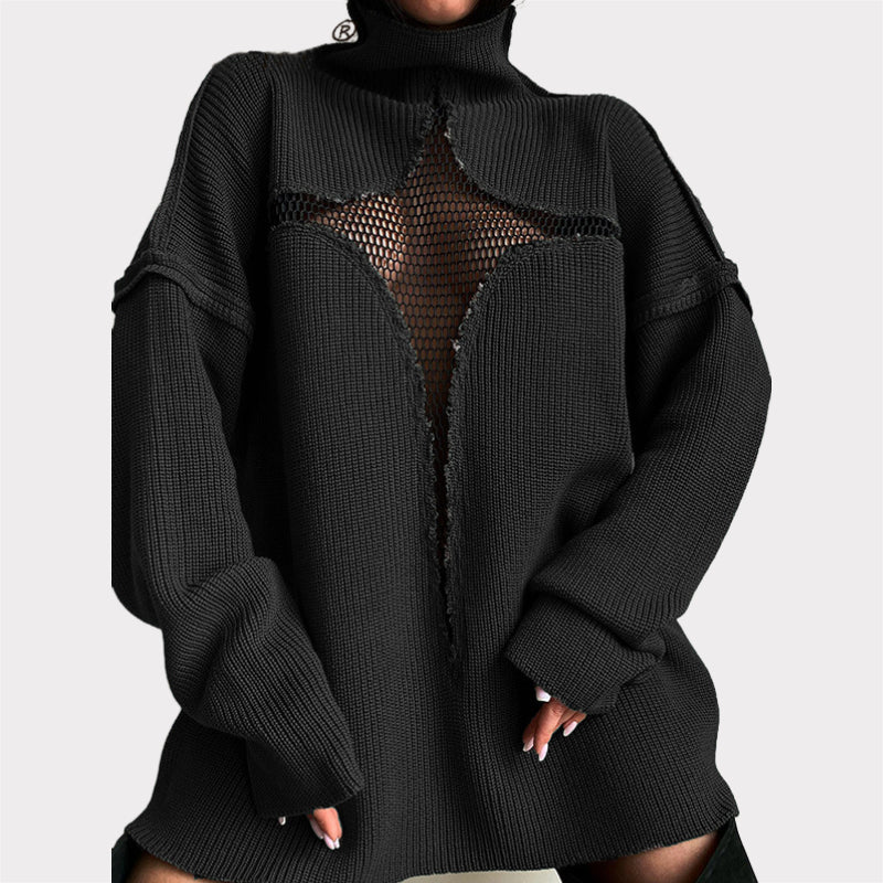 Hollow Out Mesh Knitted Loose Pullover Patchwork Sweater-CALLISTARI