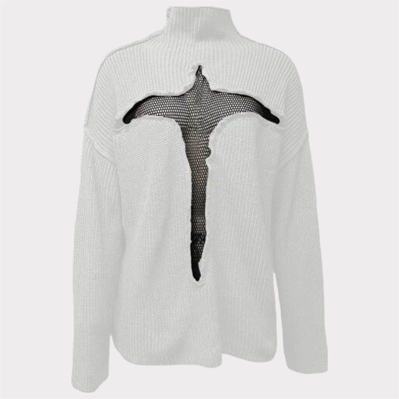 Hollow Out Mesh Knitted Loose Pullover Patchwork Sweater-CALLISTARI