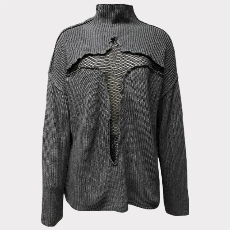 Hollow Out Mesh Knitted Loose Pullover Patchwork Sweater-CALLISTARI