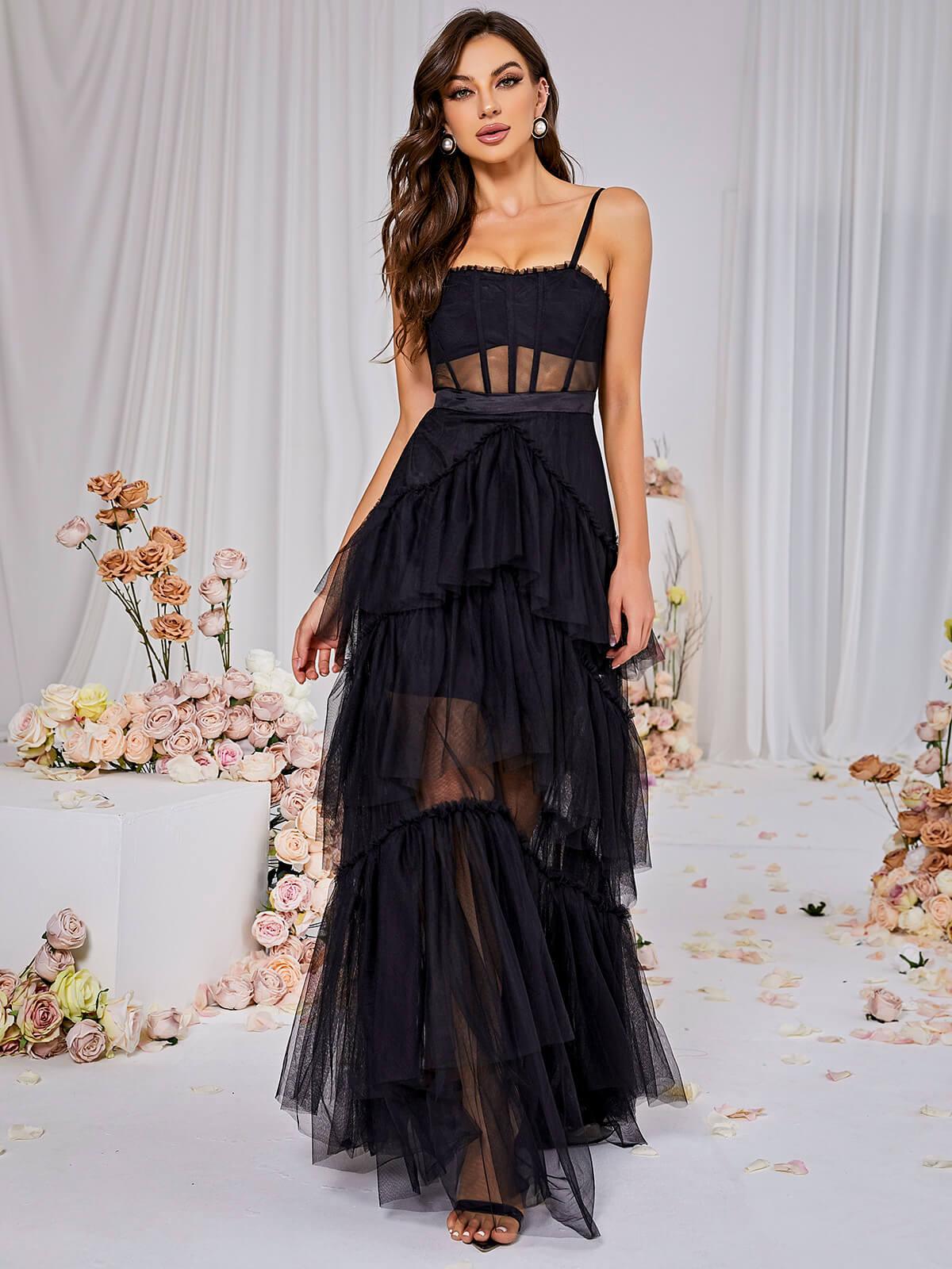 Inaya Mesh Maxi Dress In Black - Mew Mews