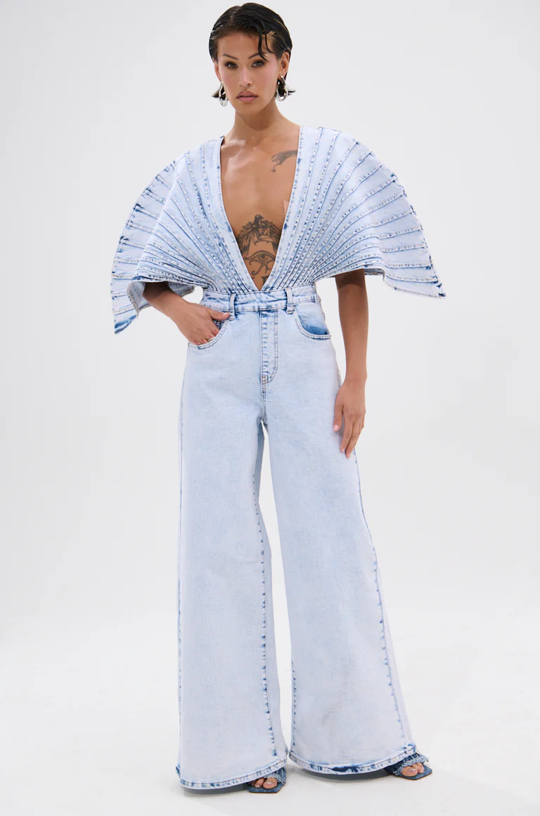 Chic Denim Embellished Plunge Jumpsuit