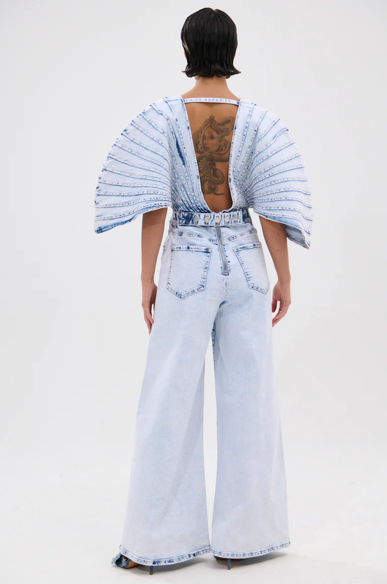 Chic Denim Embellished Plunge Jumpsuit