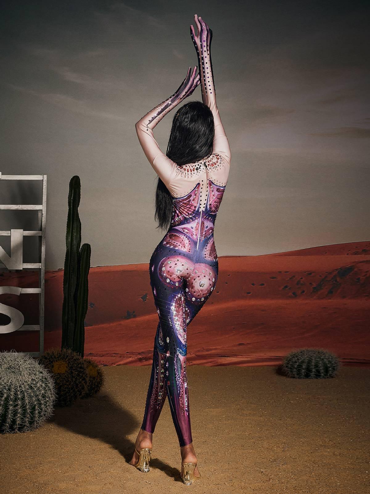 Jensen High Neck Printed Rhinestone Gloves Jumpsuit - Mew Mews