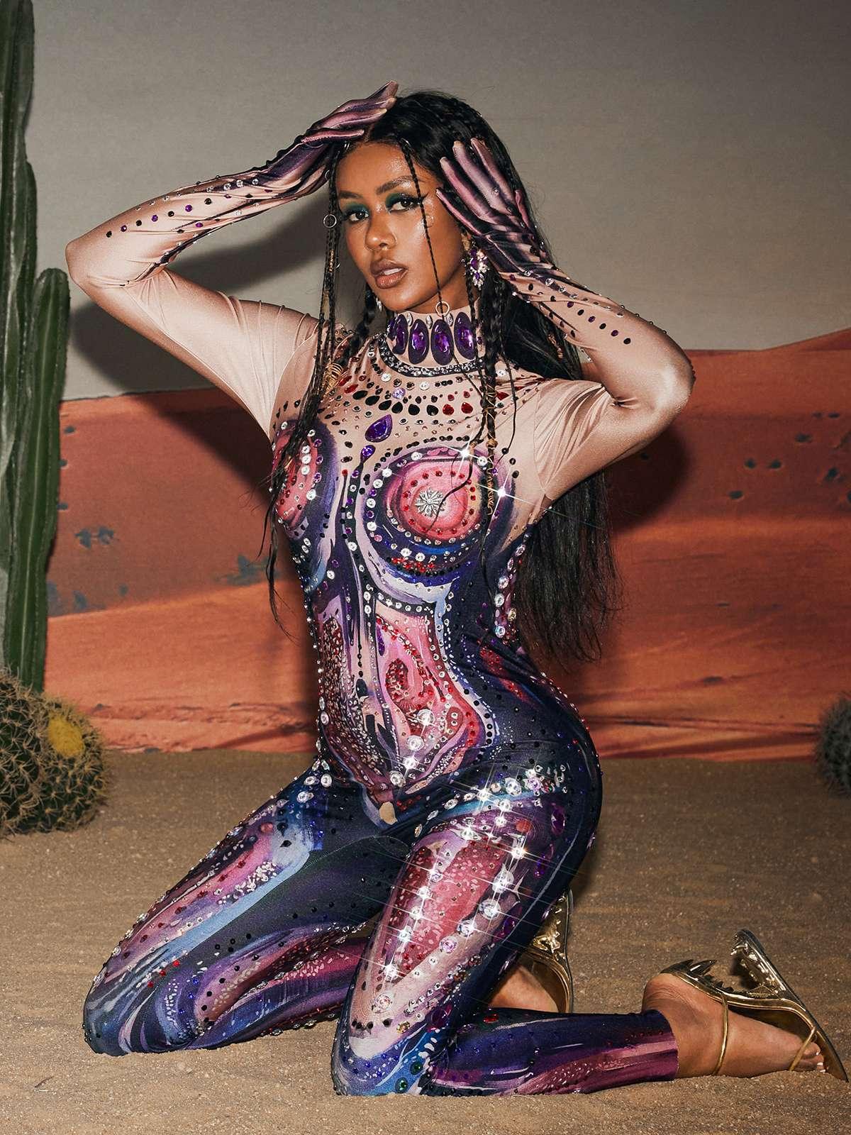 Jensen High Neck Printed Rhinestone Gloves Jumpsuit - Mew Mews