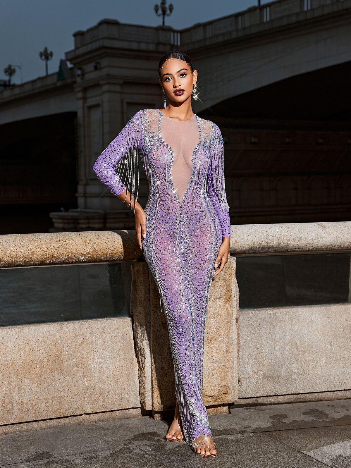 Kaede Crystal Chain Fringe Mesh Maxi Dress In Purple - Mew Mews