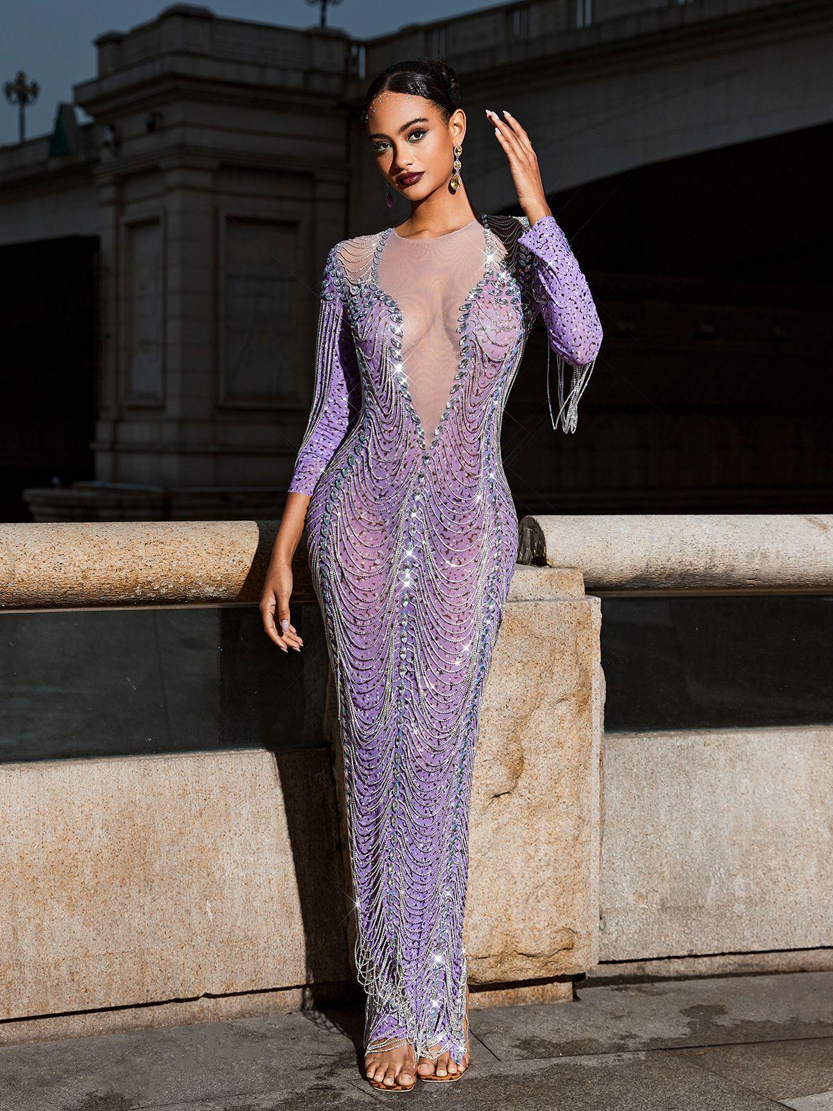 Kaede Crystal Chain Fringe Mesh Maxi Dress In Purple - Mew Mews