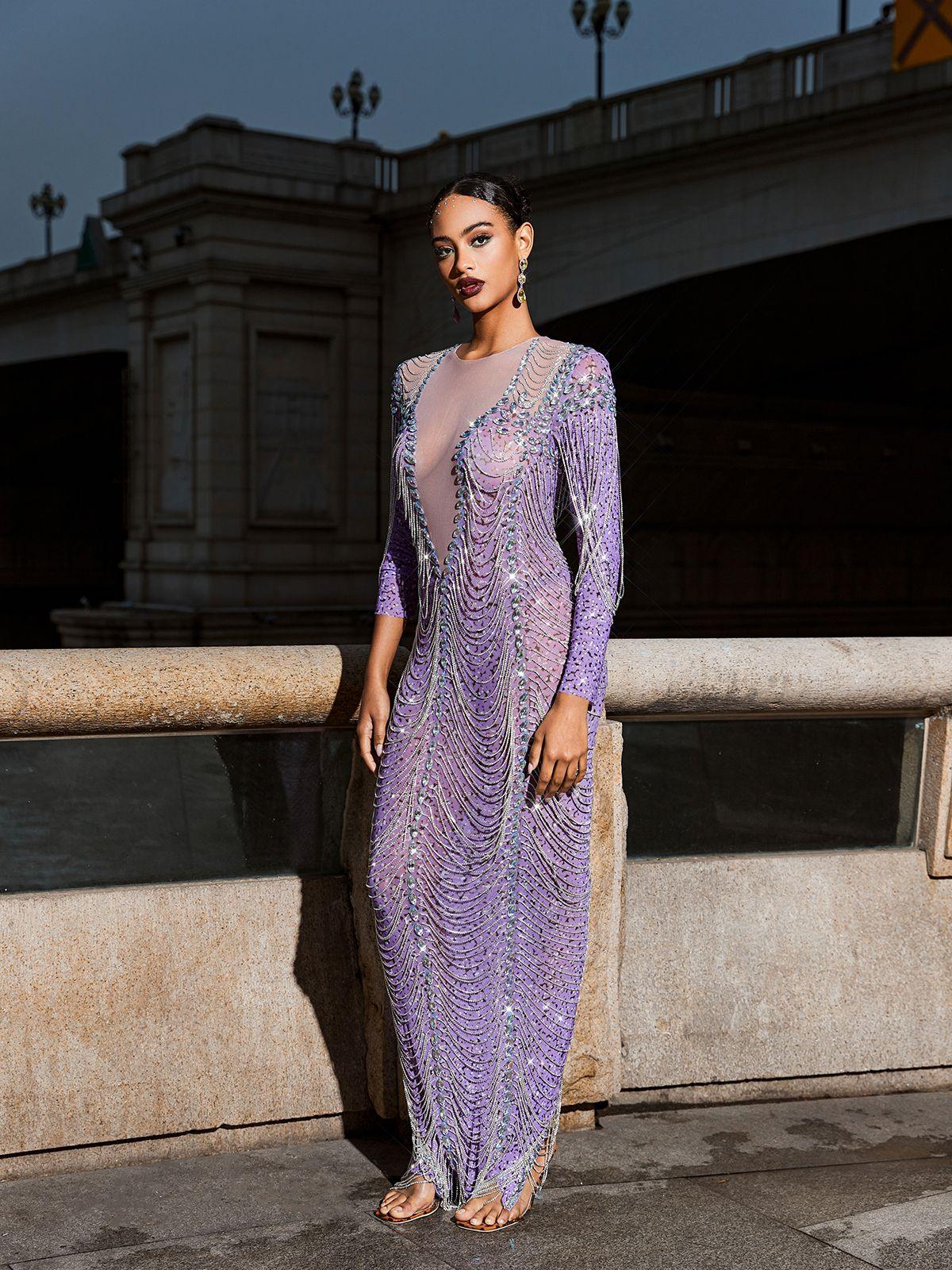 Kaede Crystal Chain Fringe Mesh Maxi Dress In Purple - Mew Mews