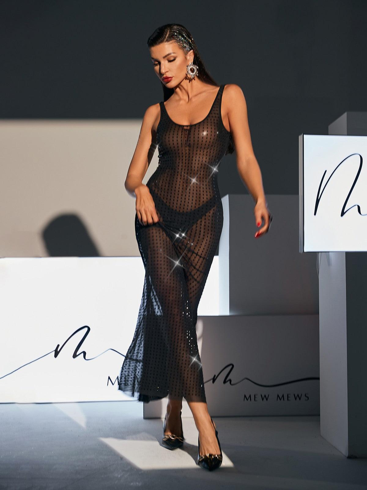 Karter Backless Embellished Mesh Maxi Dress In Black - Mew Mews