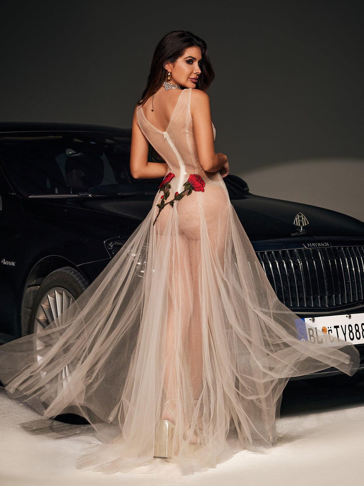 Kateri V Neck Flower Embroidered Mesh Dress - Mew Mews