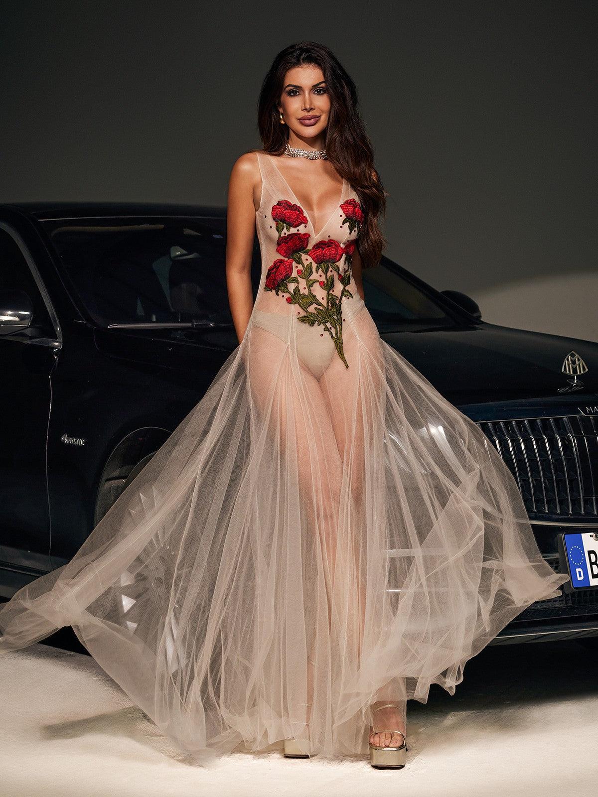 Kateri V Neck Flower Embroidered Mesh Dress - Mew Mews