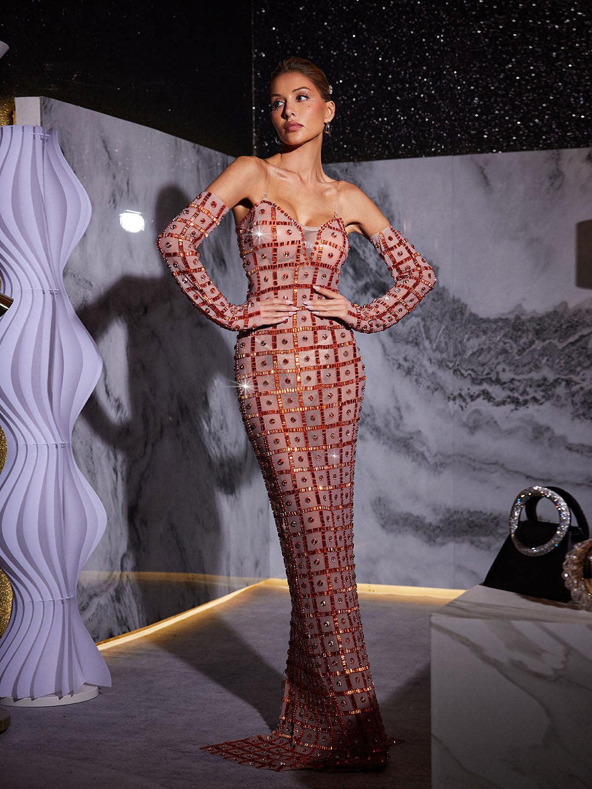 Kieran Rhinestone Mesh Maxi Dress - Mew Mews