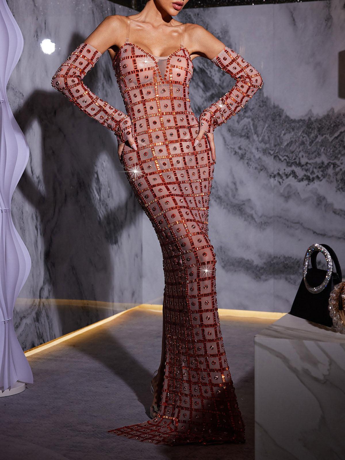 Kieran Rhinestone Mesh Maxi Dress - Mew Mews