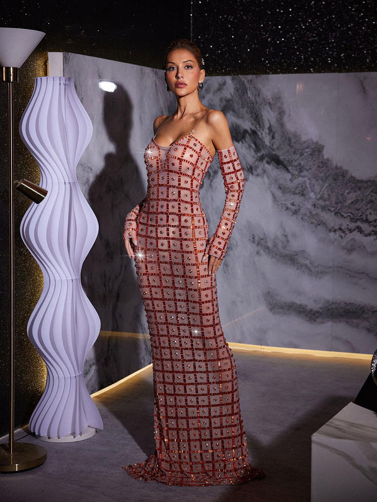 Kieran Rhinestone Mesh Maxi Dress - Mew Mews