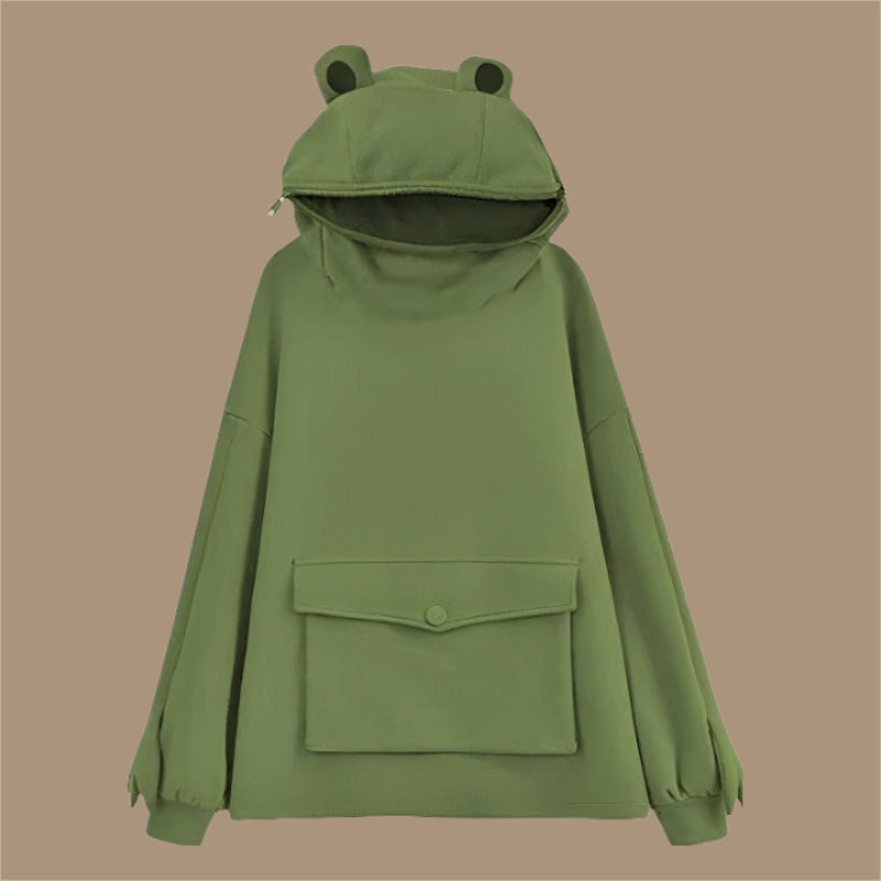 Letter Box Pocket Knit Frog Hoodie-CALLISTARI