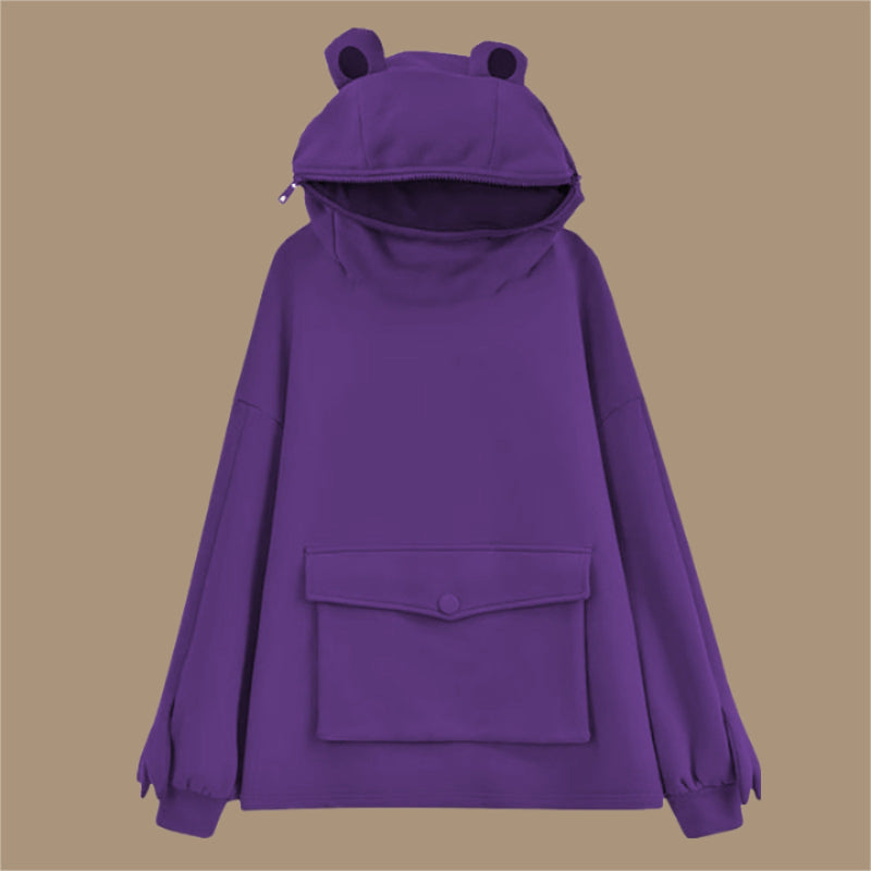 Letter Box Pocket Knit Frog Hoodie-CALLISTARI