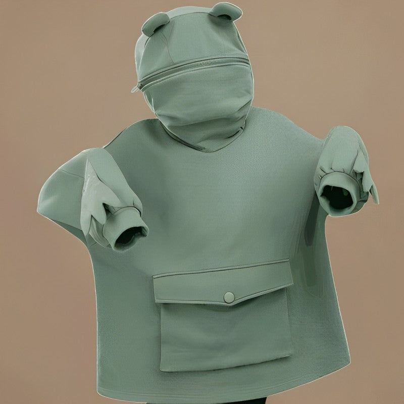 Letter Box Pocket Knit Frog Hoodie-CALLISTARI