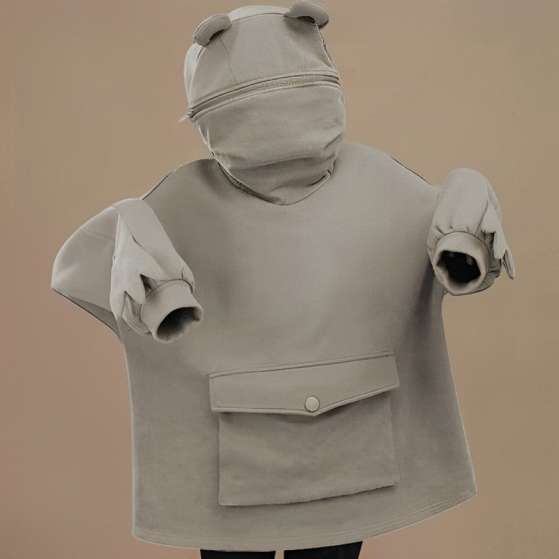 Letter Box Pocket Knit Frog Hoodie-CALLISTARI