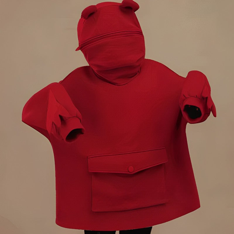 Letter Box Pocket Knit Frog Hoodie-CALLISTARI