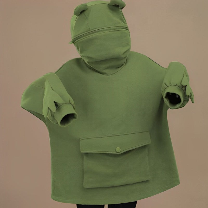Letter Box Pocket Knit Frog Hoodie-CALLISTARI