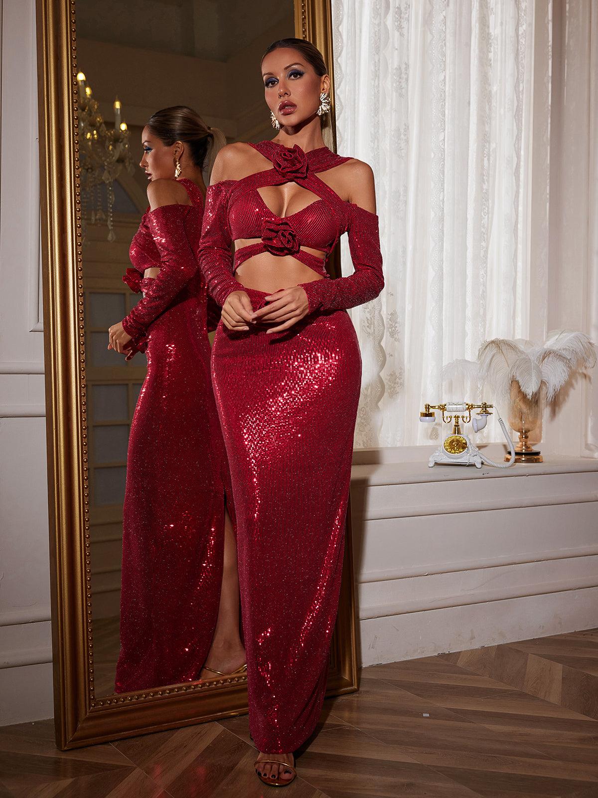 Lowen Flower Cutout Sequin Maxi Dress - Mew Mews